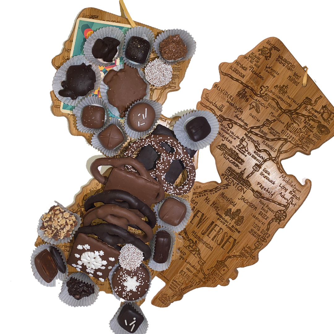 New Jersey Shaped Wood Cutting Board with Chocolate Assortment - Image 3